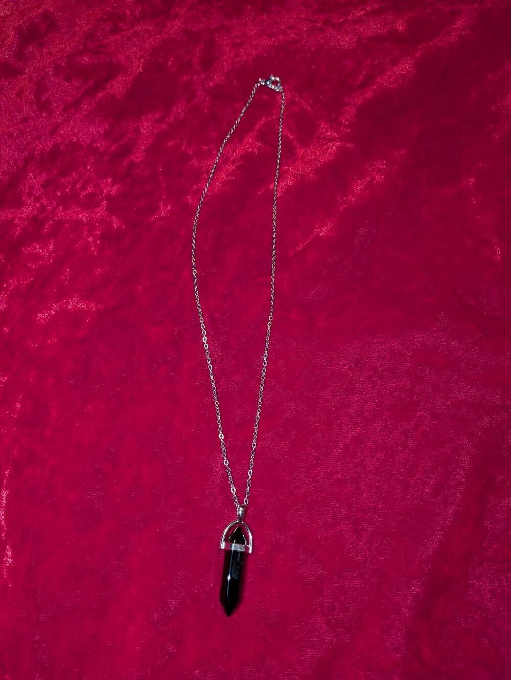 Black Crystal Point Pendant Necklace with Silver Chain